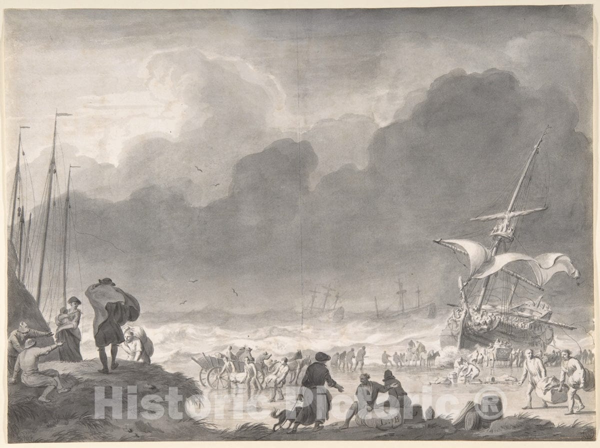 Art Print : Ludolf Bakhuizen - A Ship Wrecked on a Shore on a Stormy Night, with Survivors Salvaging Their Goods : Vintage Wall Art