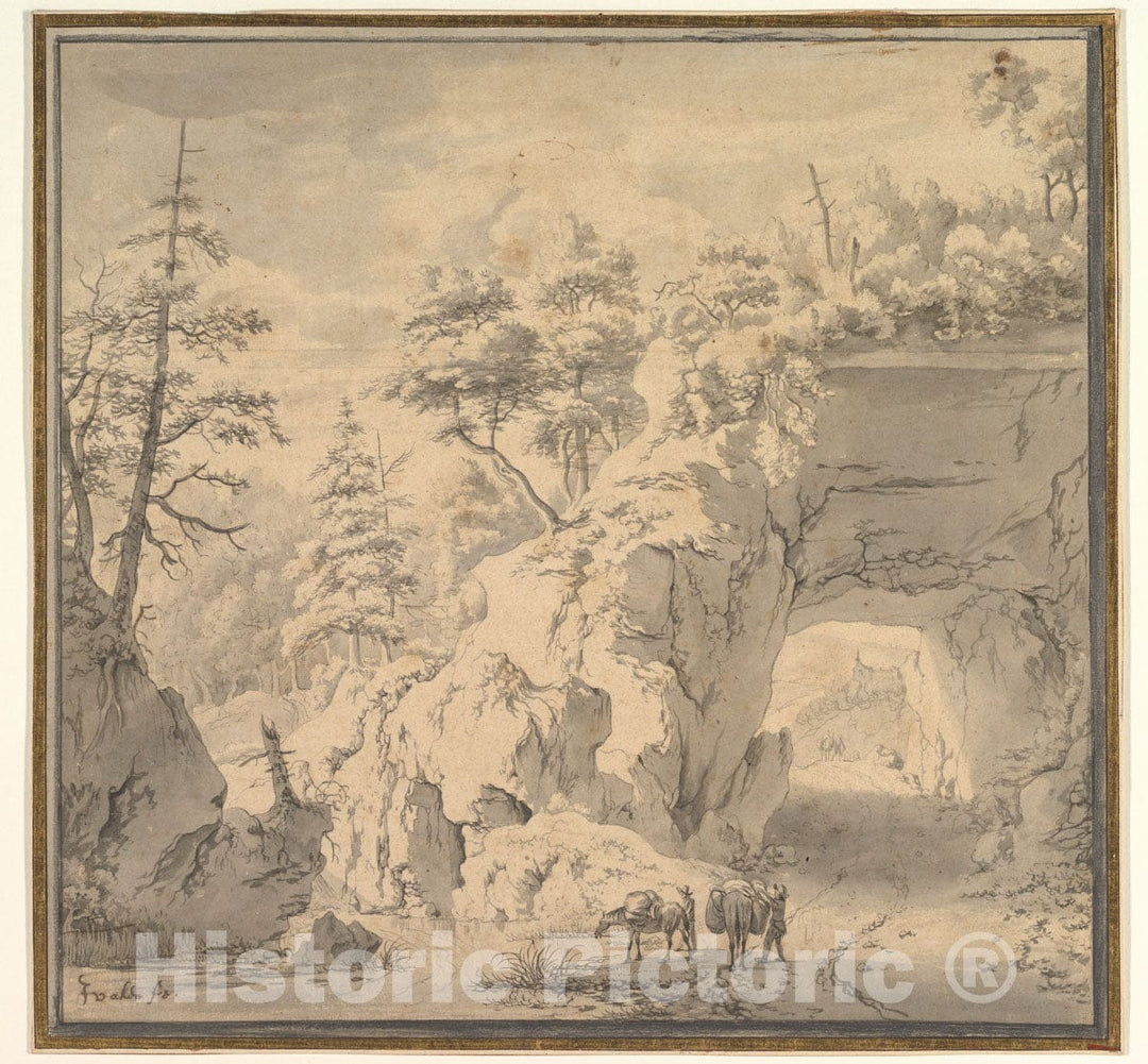 Art Print : Jan Van Aken - A Mountainous Landscape with Travellers on a Road : Vintage Wall Art