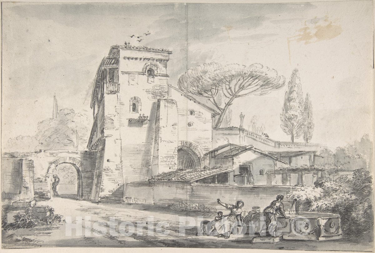 Art Print : Jean-Baptiste Lallemand - Italian Country House Beside a Road : Vintage Wall Art