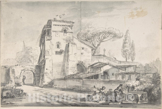 Art Print : Jean-Baptiste Lallemand - Italian Country House Beside a Road : Vintage Wall Art