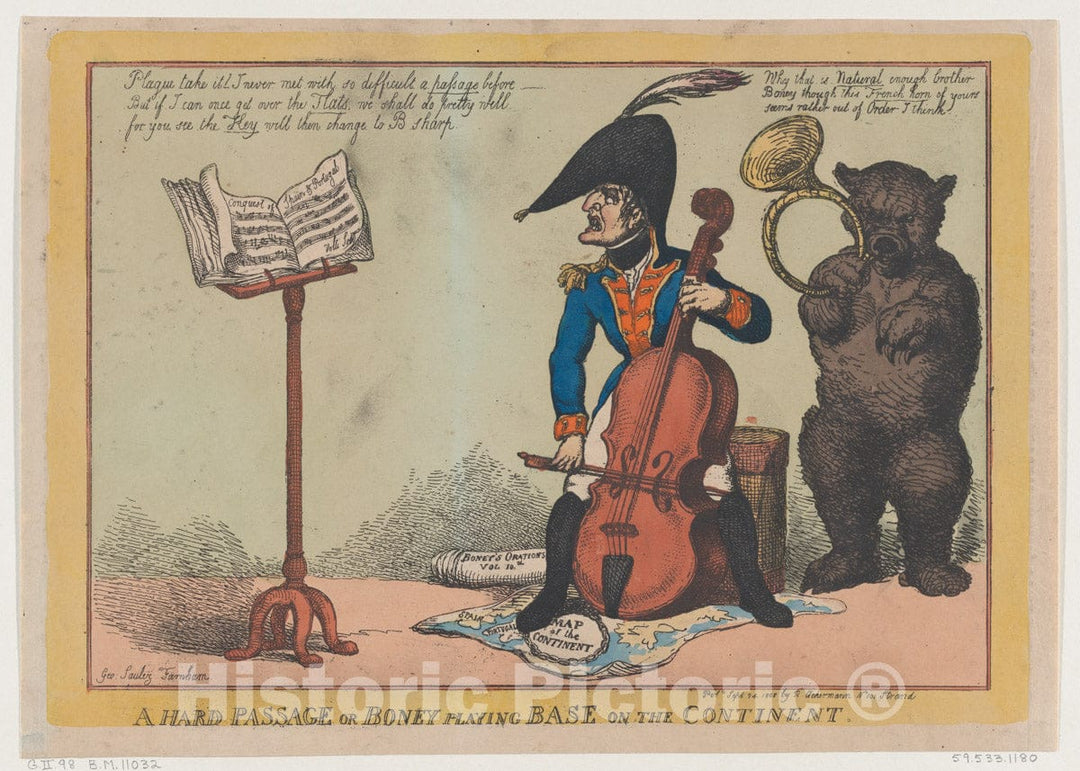 Art Print : Thomas Rowlandson - A Hard Passage, or Boney Playing Base on The Continent : Vintage Wall Art