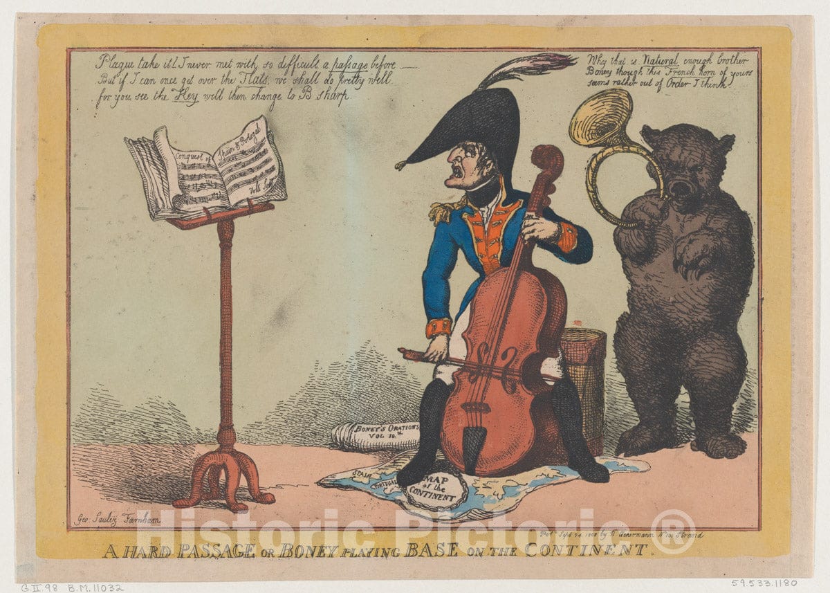 Art Print : Thomas Rowlandson - A Hard Passage, or Boney Playing Base on The Continent : Vintage Wall Art