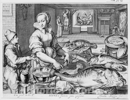 Art Print : Kitchen Scene with Kitchen Maid Preparing Fish - Artist: Jacob Matham - Created: c1603 : Vintage Wall Art