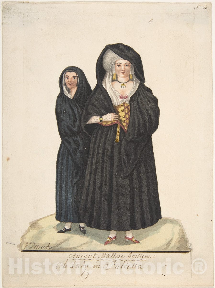 Art Print : Vincenzo Feneck - Ancient Maltese Costume, A Lady in a Faldetta : Vintage Wall Art