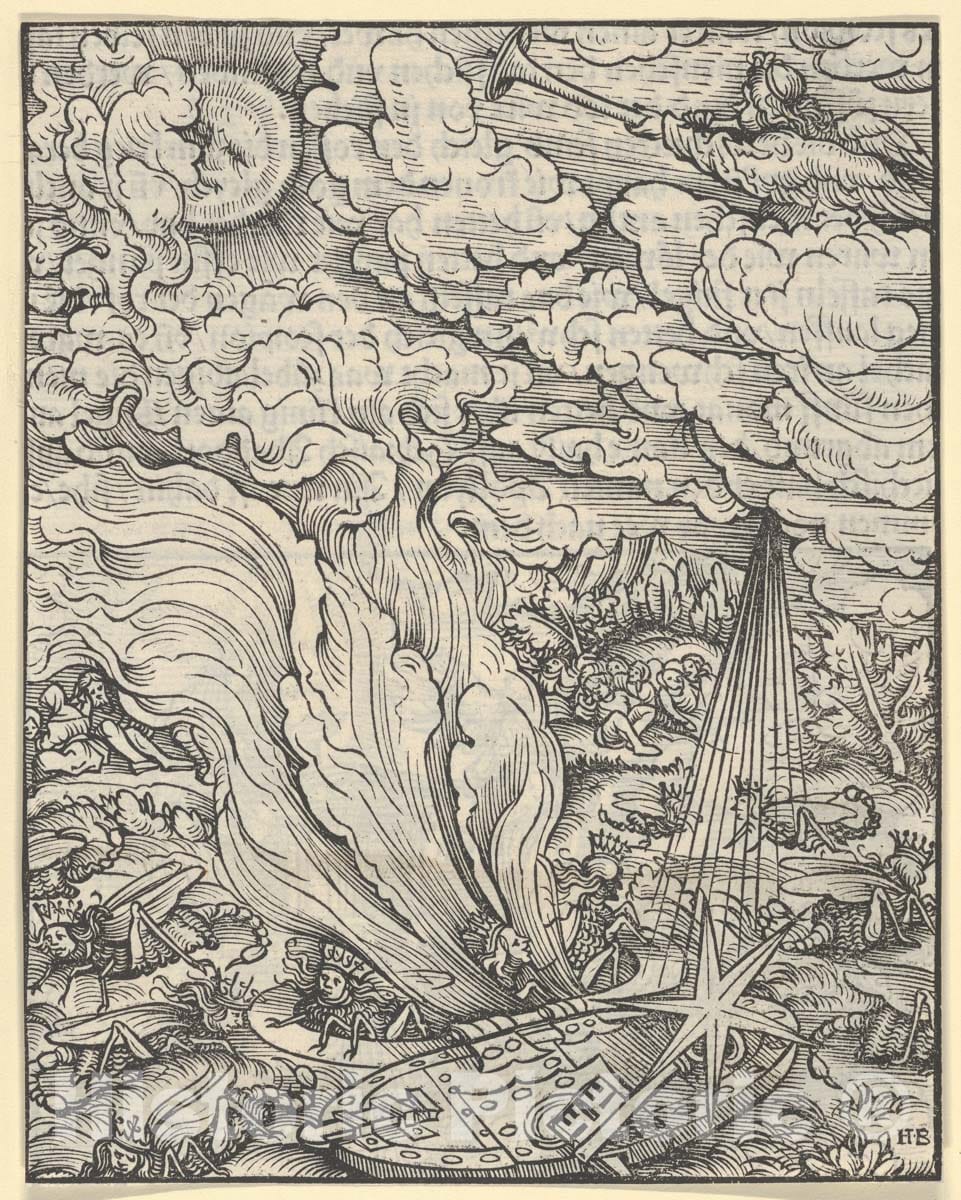 Art Print : Hans Burgkmair - Recto of Sheet with Scene of The Fifth Trombone, from The Apocalypse : Vintage Wall Art