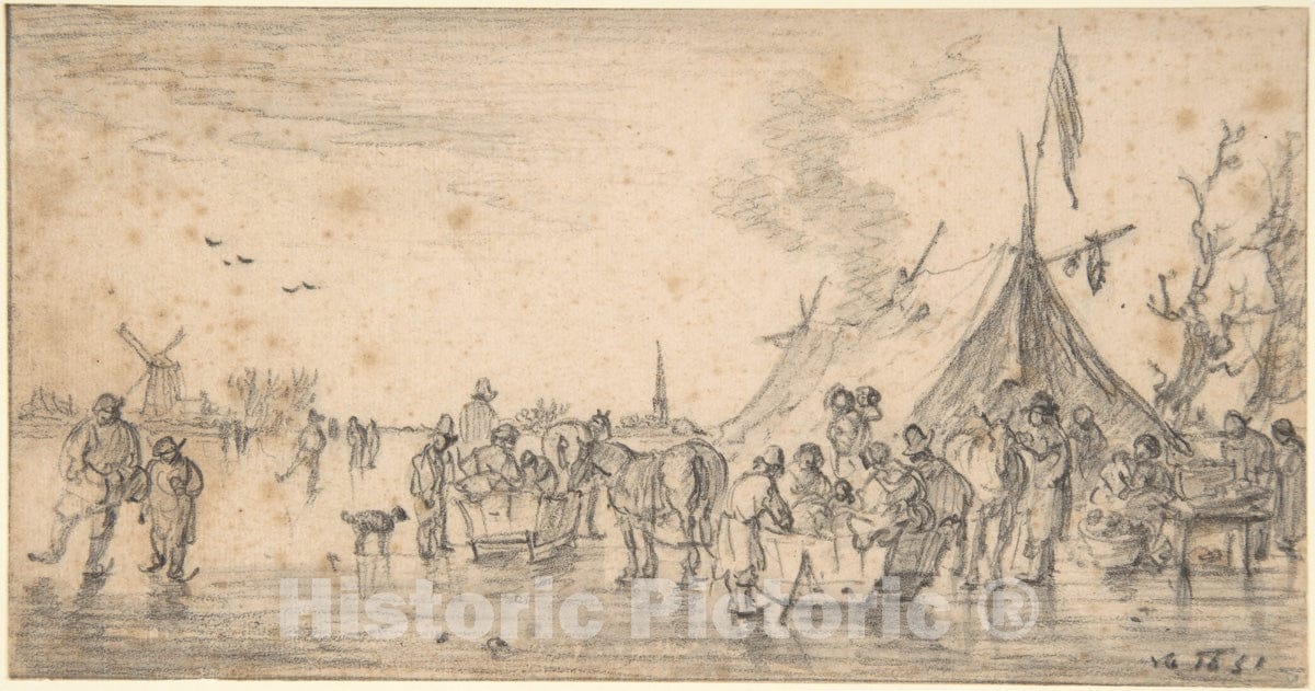 Art Print : Jan Van Goyen - River Landscape in Winter with Figures Skating and Sleds : Vintage Wall Art