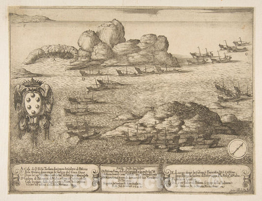 Art Print : Etched by Stefano Della Bella - Capture of Two Galleys at Byserta : Vintage Wall Art