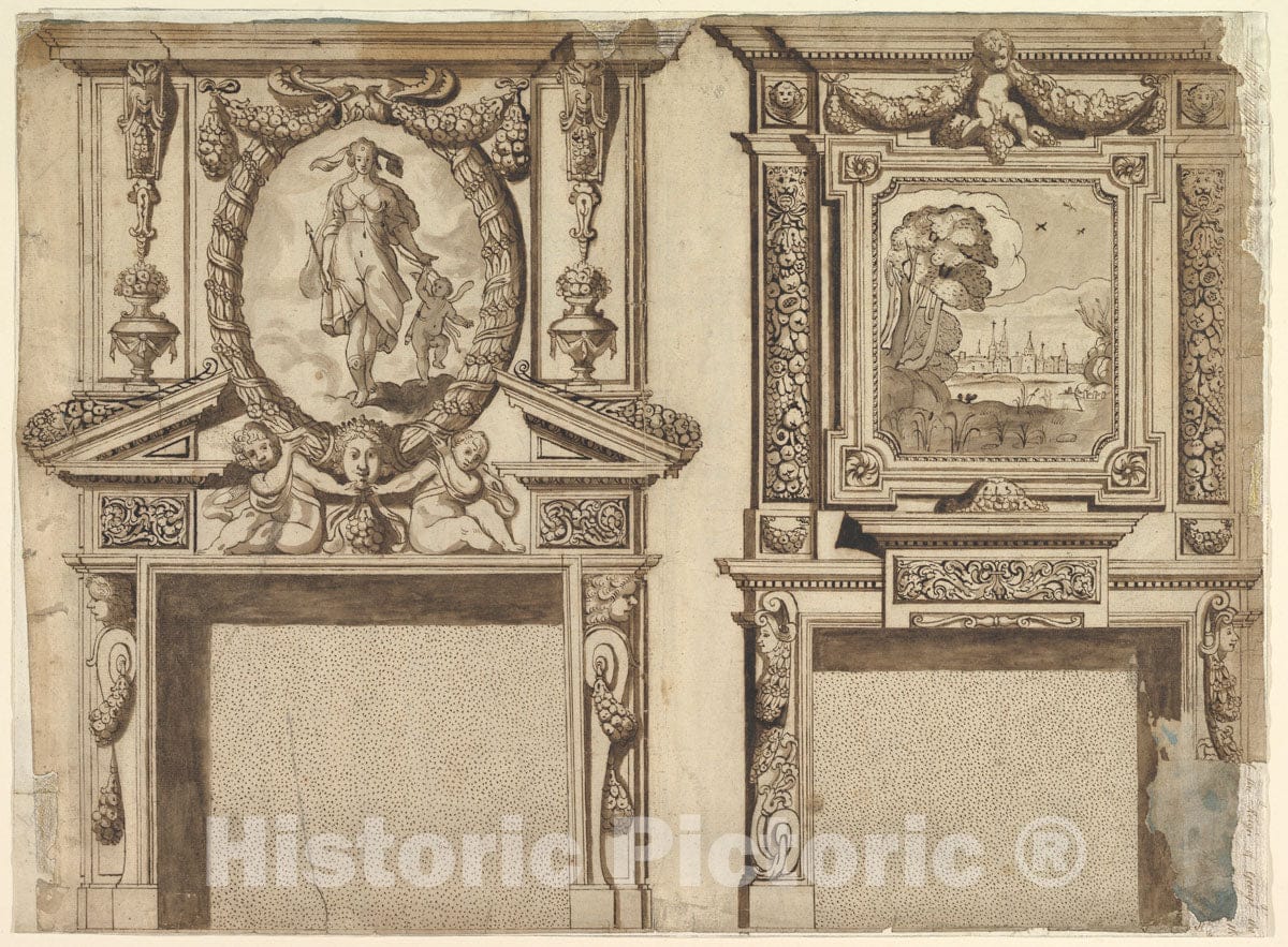 Art Print : British, 17th Century - Design for Two Chimneypieces : Vintage Wall Art
