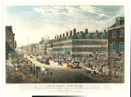 Art Print : Drawn and Etched by Thomas Hornor - Broadway, New-York. Shewing sic Each Building from The Hygeian Depot Corner of Canal Street to Beyond Niblo's Garden : Vintage Wall Art