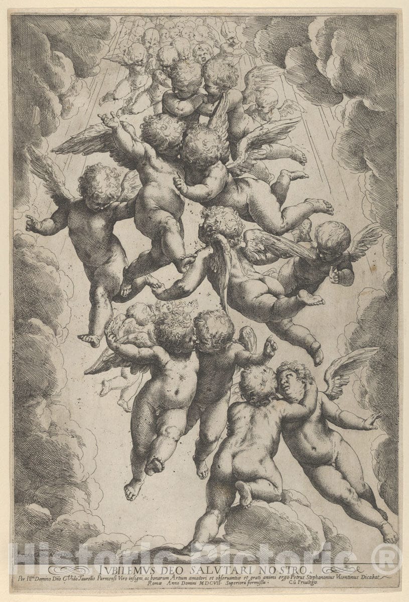 Art Print : Guido Reni - A Group of Angels embracing in Flight, Framed by Clouds : Vintage Wall Art