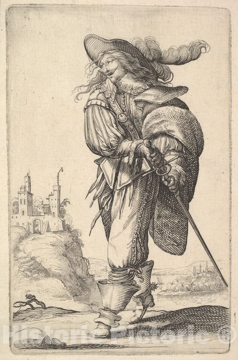 Art Print : Abraham Bosse - A Gentleman, Walking Towards The Left and Drawing his Sword from The Sheath, Wearing a plumed hat and Boots with Spurs : Vintage Wall Art