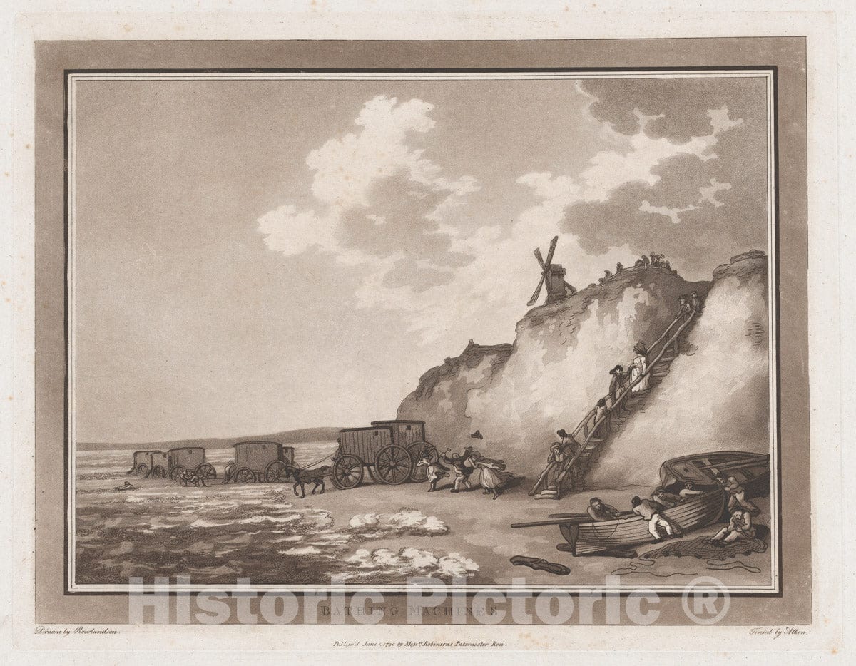Art Print : Drawn and Etched by Thomas Rowlandson - Bathing Machines (an Excursion to Brighthelmstone) : Vintage Wall Art