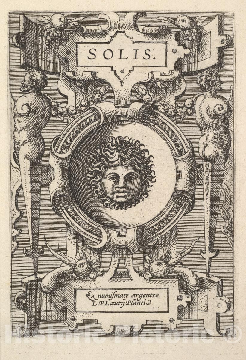 Art Print : Bust of Sol Surrounded by Strapwork - Artist: Philips Galle - Created: 1573 : Vintage Wall Art