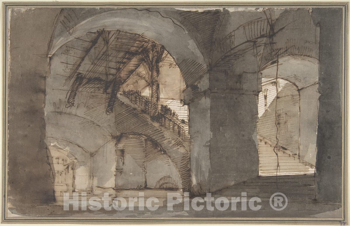 Art Print : Domenico Fossati - Design for a Stage Set: A Dungeon with High Vaults and a Staircase at Right. : Vintage Wall Art