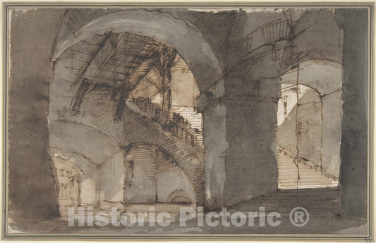 Art Print : Domenico Fossati - Design for a Stage Set: A Dungeon with High Vaults and a Staircase at Right. : Vintage Wall Art