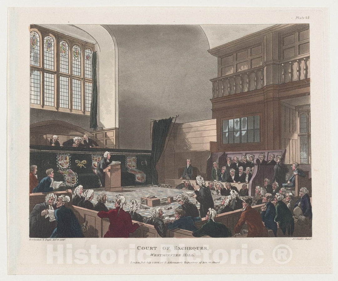 Art Print : Designed and Etched by Thomas Rowlandson - Court of Exchequer, Westminster Hall (Microcosm of London, Plate 25) : Vintage Wall Art