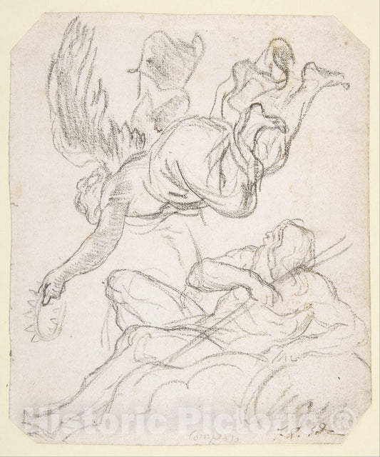 Art Print : Jacques Louis David - Flying Figure Holding a Crown, Reclining River God : Vintage Wall Art