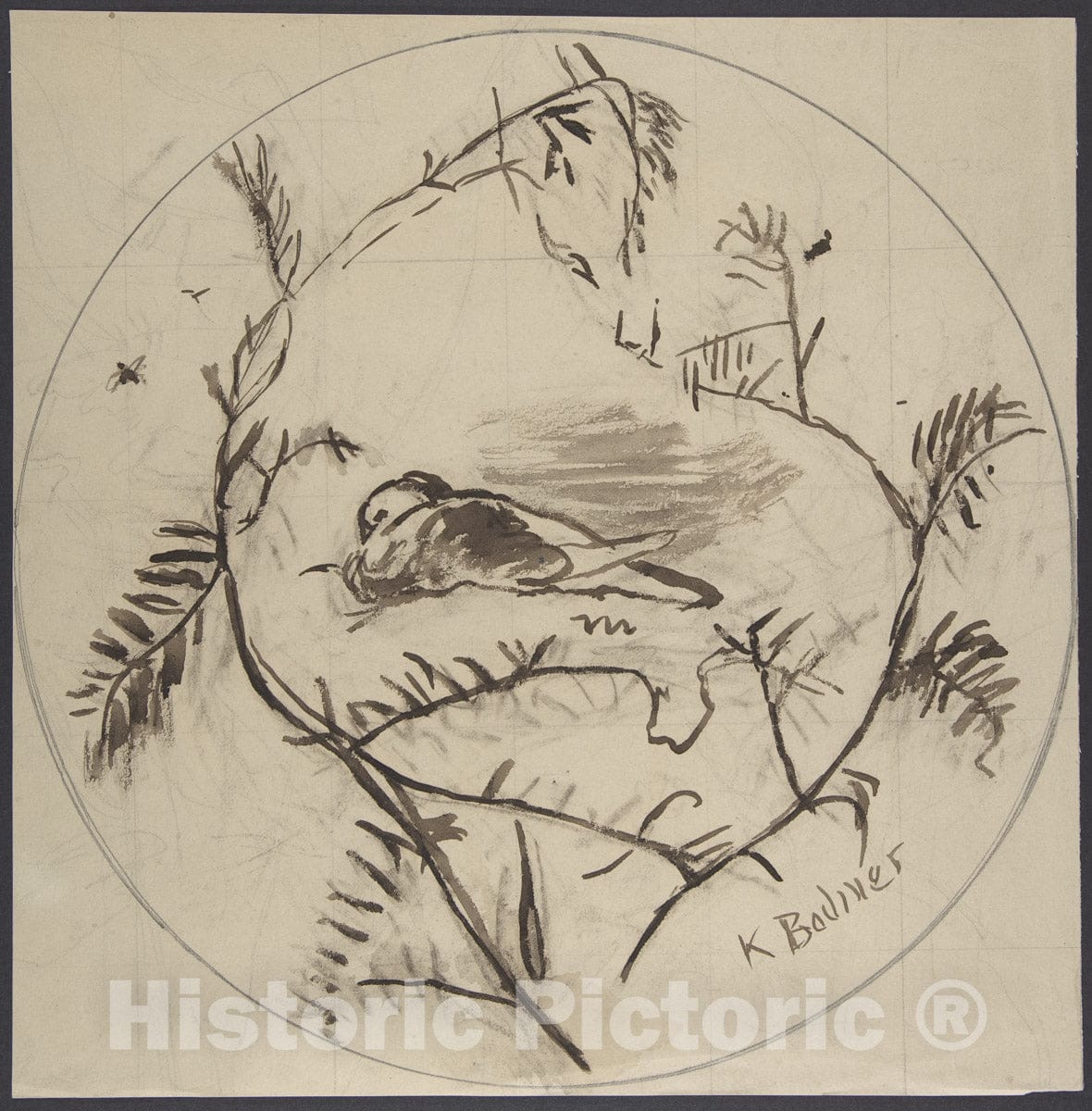 Art Print : Karl Bodmer - Design for a Plate Decorated with a Bird and Plant Motifs : Vintage Wall Art