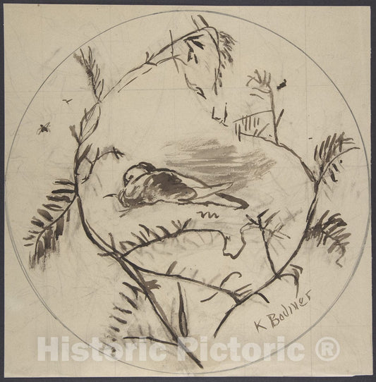 Art Print : Karl Bodmer - Design for a Plate Decorated with a Bird and Plant Motifs : Vintage Wall Art