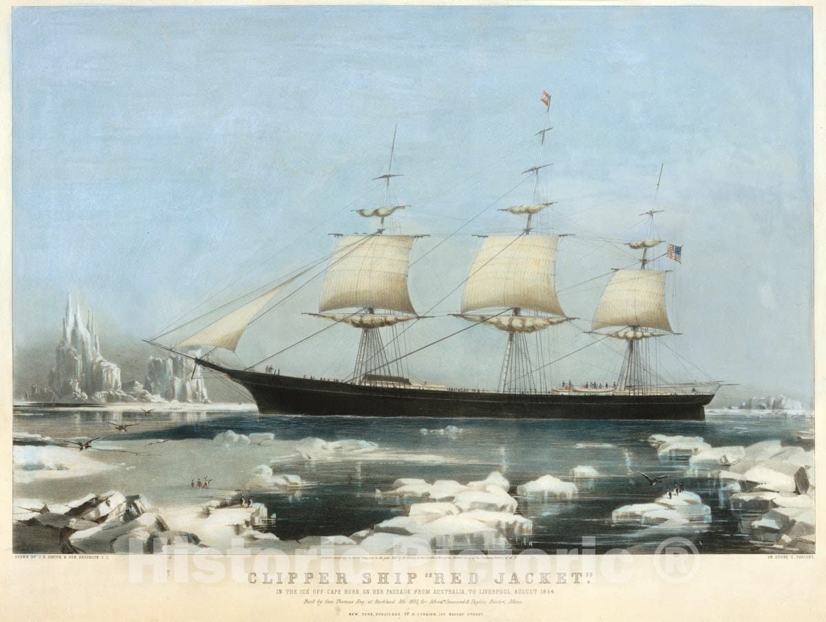Art Print : Clipper Ship Red Jacket – in The Ice Off Cape Horn, on Her Passage from Australia, to Liverpool, August 1854" - Artist: Nathaniel Currier - 1855 : Vintage Wall Art