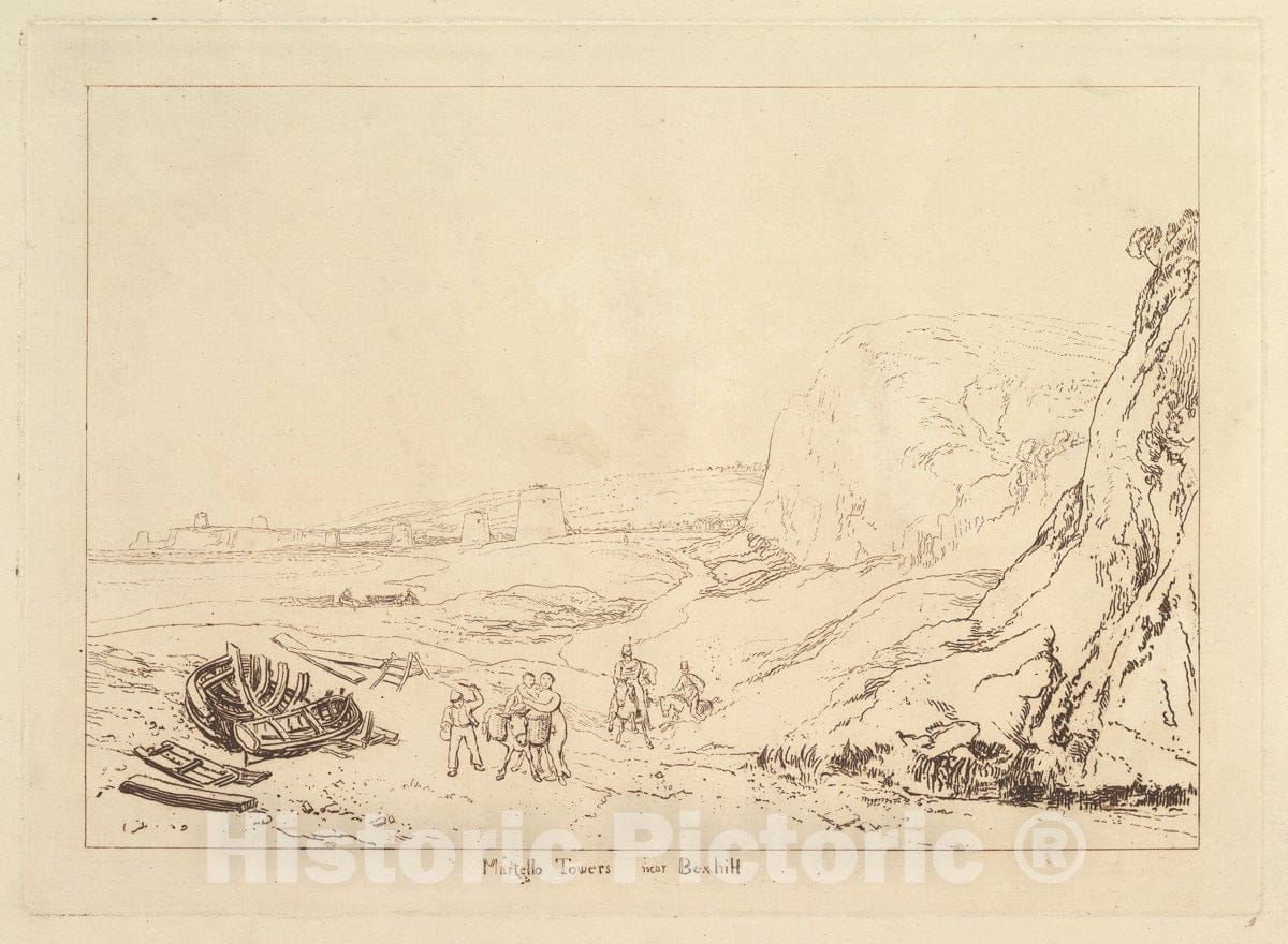 Art Print : Designed and Etched by Joseph Mallord William Turner - Martello Towers Near Bexhill, Sussex (Liber Studiorum, Part VII, Plate 34) 1 : Vintage Wall Art