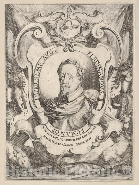 Art Print : Stefano Della Bella - A mid-Bust Portrait of Emperor Ferdinand II, Within an Oval Frame, Surrounded by Armor : Vintage Wall Art