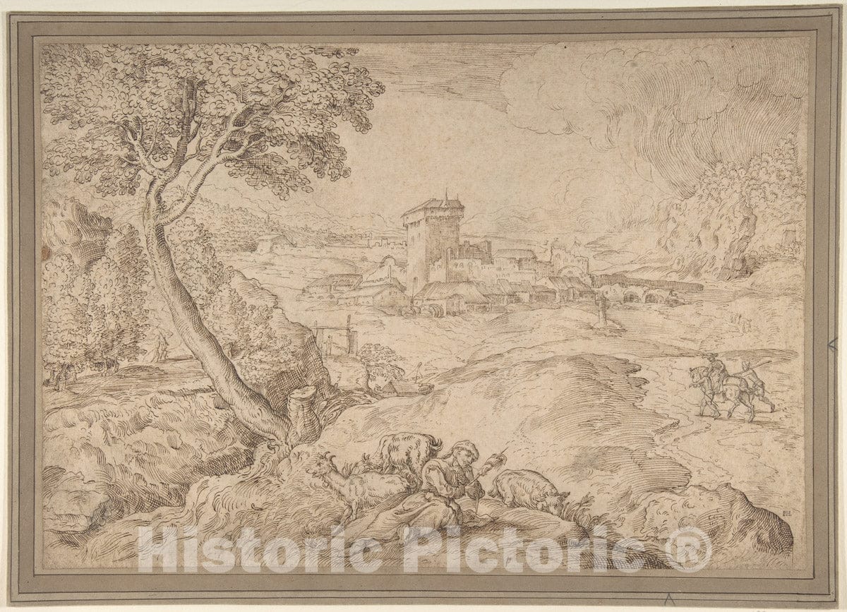 Art Print : Domenico Campagnola - Landscape with an Old Woman Holding a Spindle : Vintage Wall Art