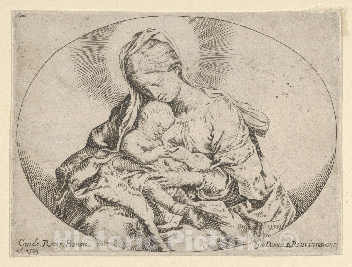 Art Print : Anonymous, 17th Century - The Virgin Holding The Infant Christ, an Oval Composition, After Reni - 434554 : Vintage Wall Art
