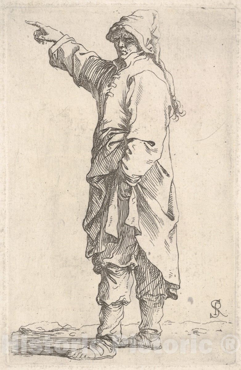 Art Print : Salvator Rosa - A Man Wearing a Long Outer Garment and Cap Pointing to The Left, from The Series 'Figurine' : Vintage Wall Art
