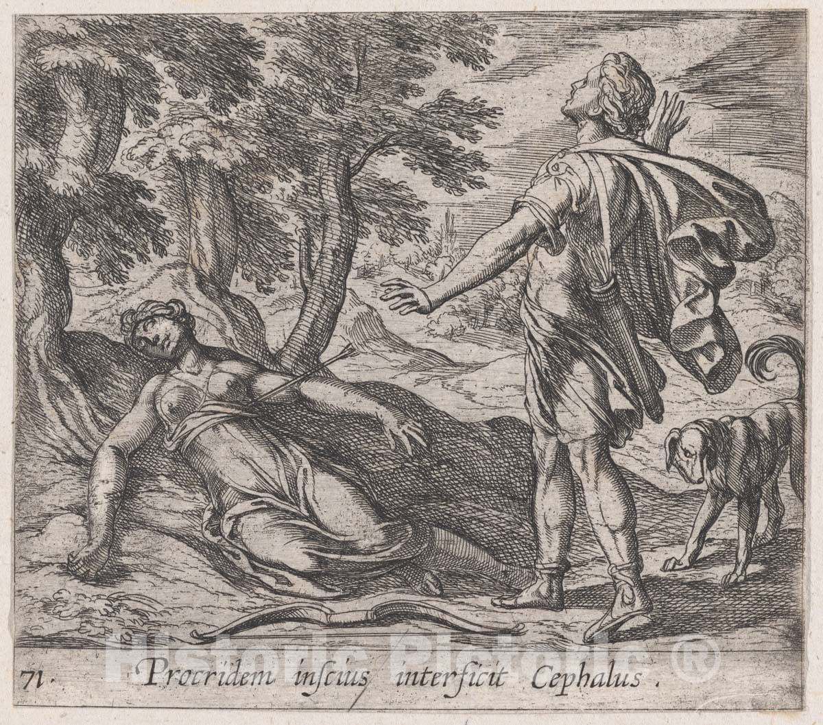 Art Print : Antonio Tempesta - Plate 71: Procris Killed by Cephalus's Javelin (Procridem inscius interficit Cephalus), from Ovid's 'Metamorphoses' : Vintage Wall Art