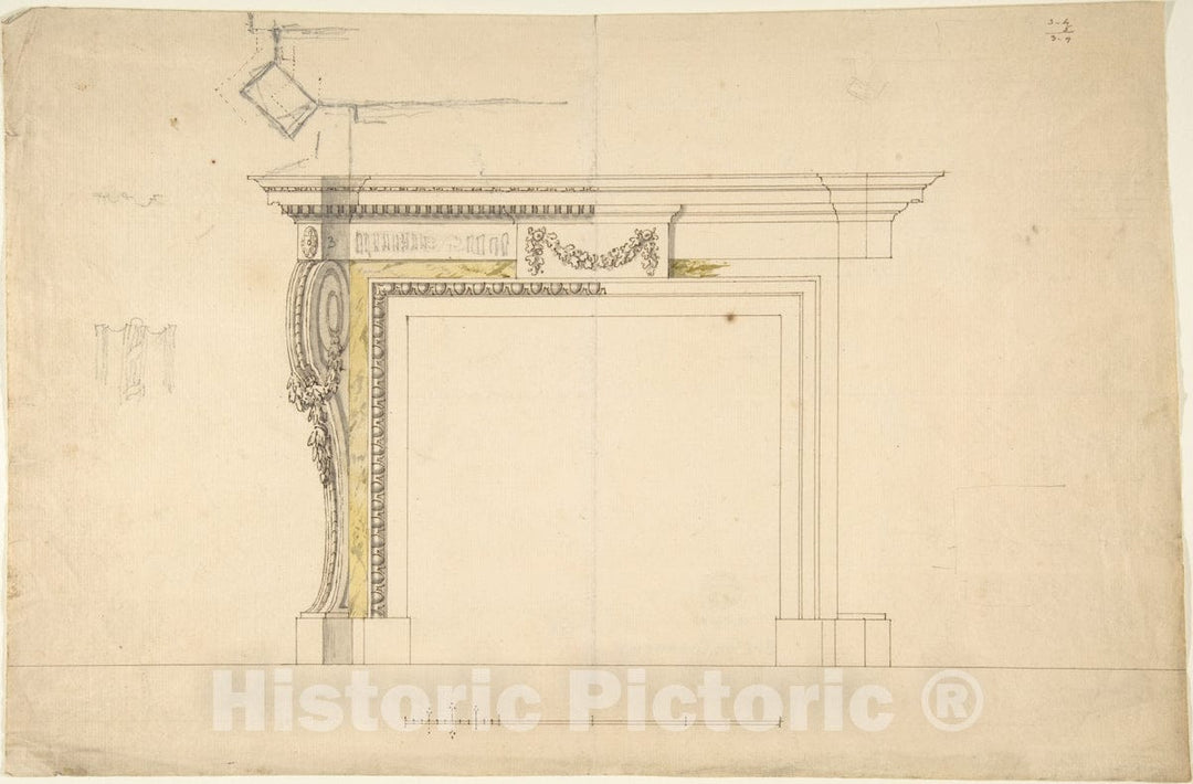 Art Print : Sir William Chambers - Design for a Chimneypiece 8 : Vintage Wall Art