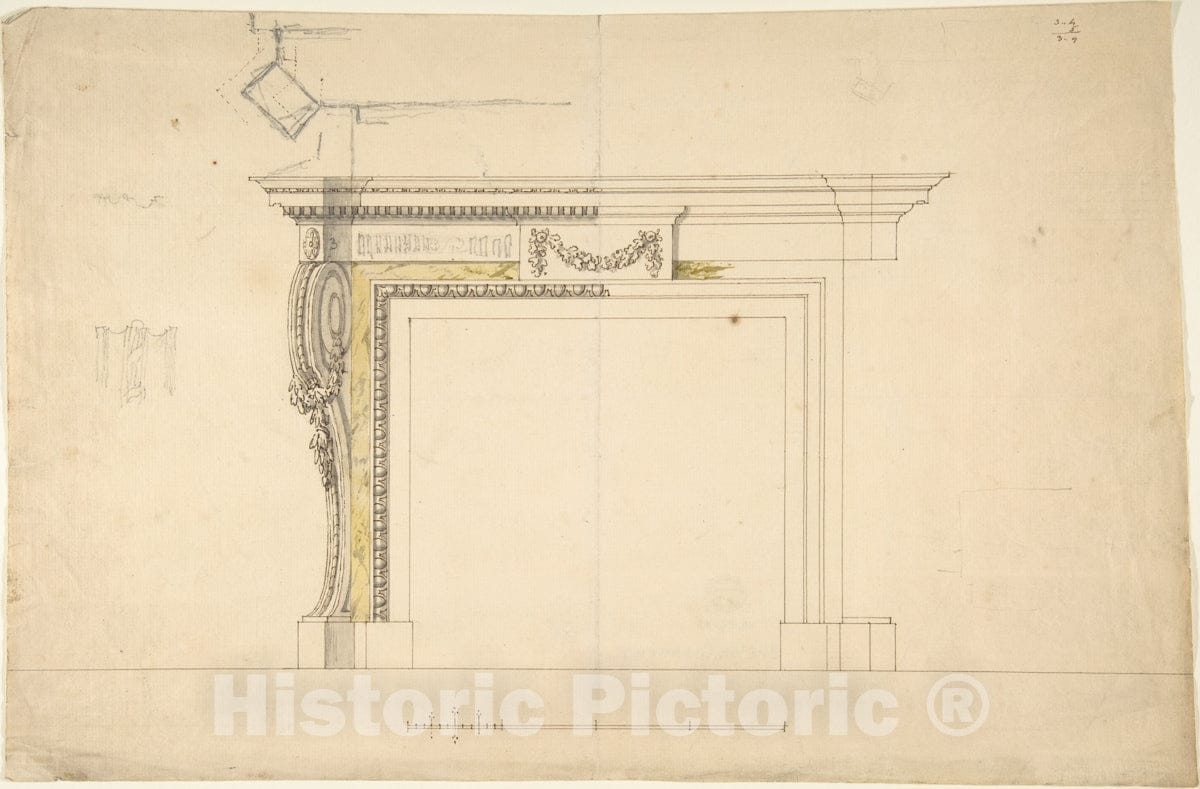 Art Print : Sir William Chambers - Design for a Chimneypiece 8 : Vintage Wall Art