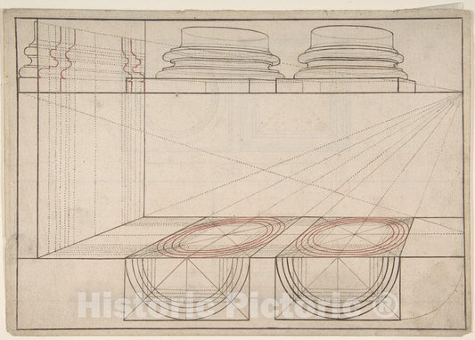 Art Print : Architectural Perspective Study Showing Two Column Bases - Artist: Italian, 17th Century - Created: 17th Century : Vintage Wall Art