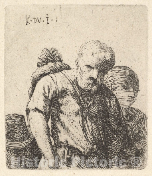 Art Print : Bearded Man Shown in Half-Length with Bundle Slung Over Right shoulderblade - Artist: Karel Dujardin - Created: c1641 : Vintage Wall Art