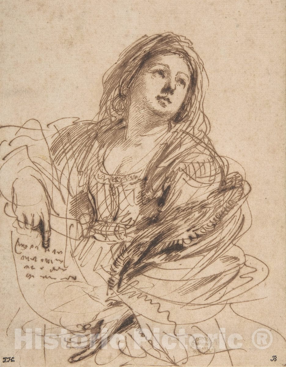 Art Print : Guercino (Giovanni Francesco Barbieri) - A Sibyl Holding a Scroll (Study for The Cimmerian Sibyl) : Vintage Wall Art