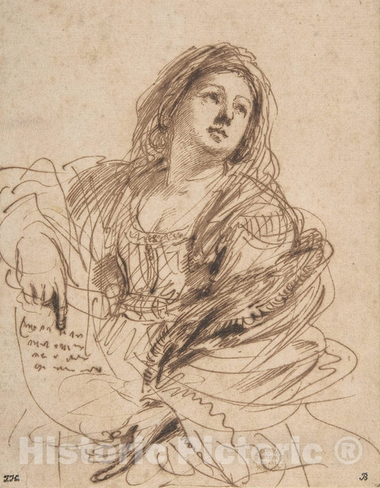 Art Print : Guercino (Giovanni Francesco Barbieri) - A Sibyl Holding a Scroll (Study for The Cimmerian Sibyl) : Vintage Wall Art