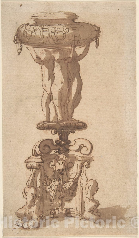 Art Print : Italian, 17th or 18th Century - Design for an Urn, Supported by Three Children on a Piedestal with Sphinxes as Feet. : Vintage Wall Art