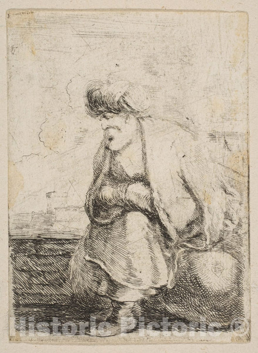 Art Print : Stefano Della Bella - an Old Turk Seated on a Stone 1 : Vintage Wall Art