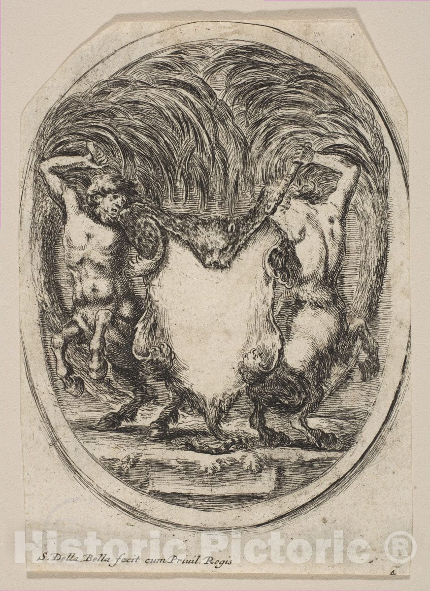 Art Print : Stefano Della Bella - Cartouche Formed by a Tiger Skin Flanked by Two Centaurs : Vintage Wall Art