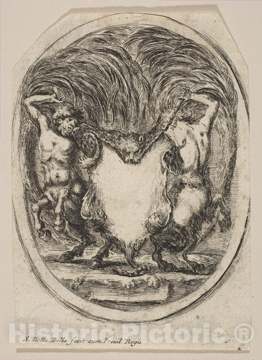 Art Print : Stefano Della Bella - Cartouche Formed by a Tiger Skin Flanked by Two Centaurs : Vintage Wall Art