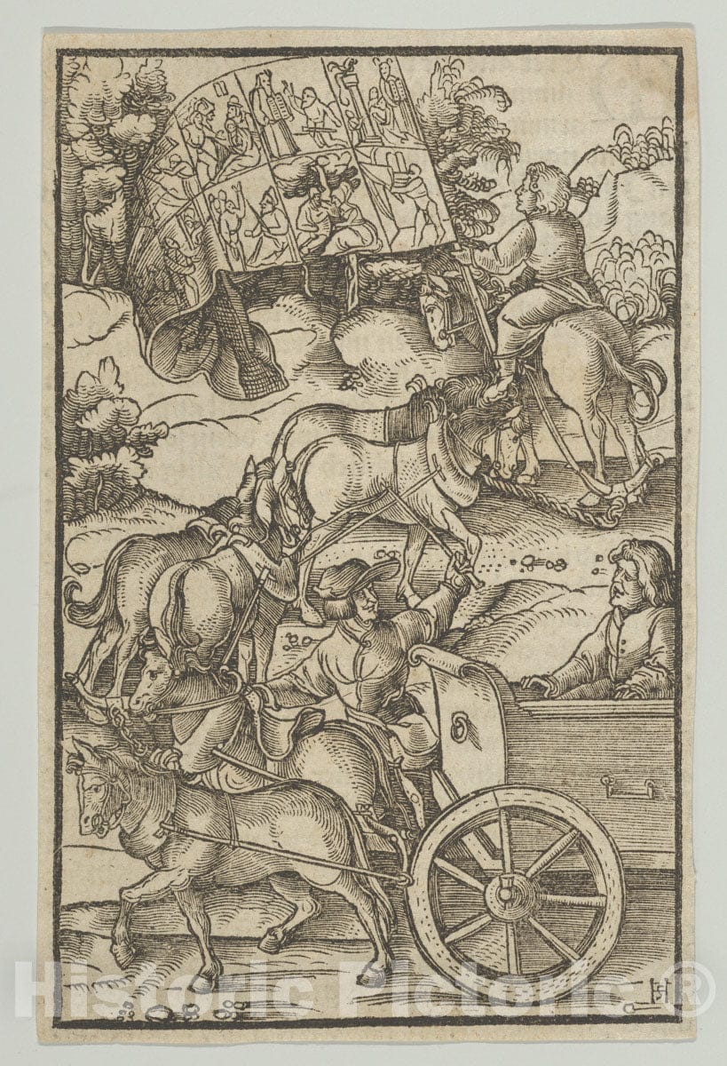 Art Print : Hans Schäufelein - The Virtuous Man on a Chariot on his Way to Heaven, from Hymmelwagen auff dem, wer WOL lebt. : Vintage Wall Art