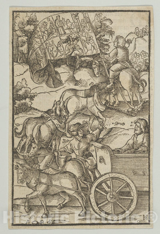Art Print : Hans Schäufelein - The Virtuous Man on a Chariot on his Way to Heaven, from Hymmelwagen auff dem, wer WOL lebt. : Vintage Wall Art