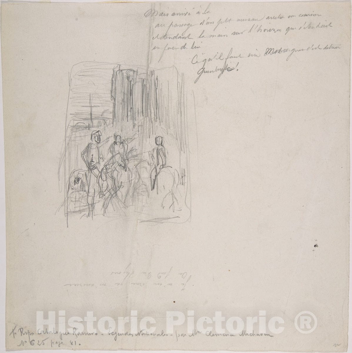 Art Print : Félicien Rops - Three Figures on Horseback with indications at Right : Vintage Wall Art