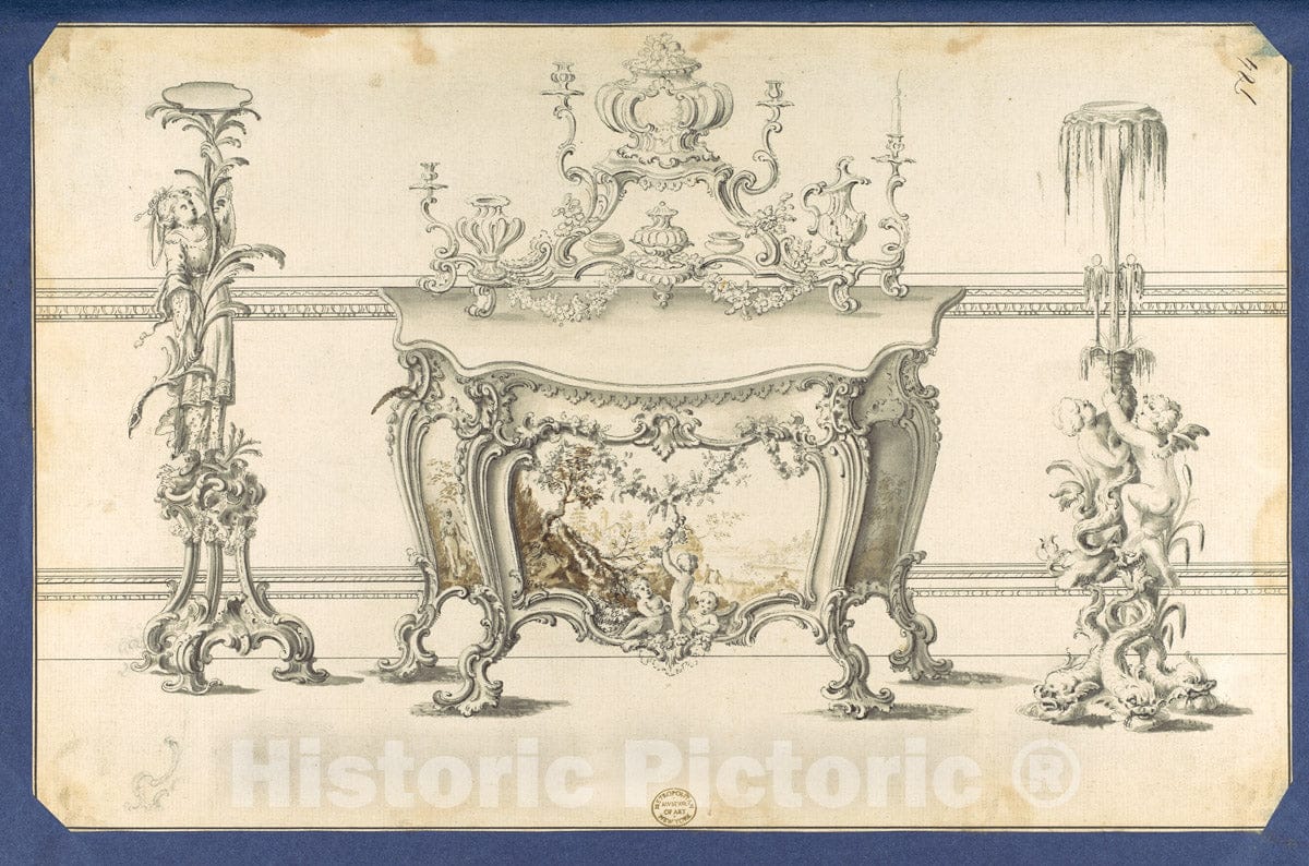 Art Print : Thomas Chippendale - Commode Table and Candlestands, in Chippendale Drawings, Vol. I : Vintage Wall Art