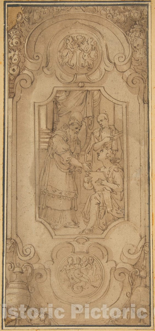 Art Print : Taddeo Zuccaro - Design for a Cartouche with a Religious Subject in The Central Compartment : Vintage Wall Art