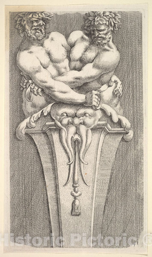 Art Print : Jean Le Pautre - Design for a Term with Two Bacchic Figures, from: Curieuses recherches de plusieurs Beaus morceaus d'ornemens Antiques et modernes (.) : Vintage Wall Art