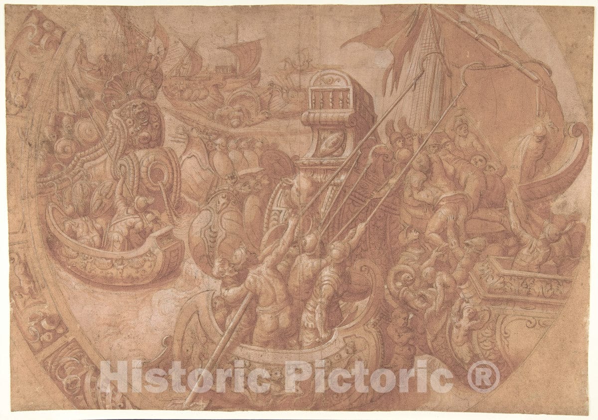 Art Print : Workshop of Taddeo Zuccaro - The Sea Battle in The Gulf of Morbihan : Vintage Wall Art