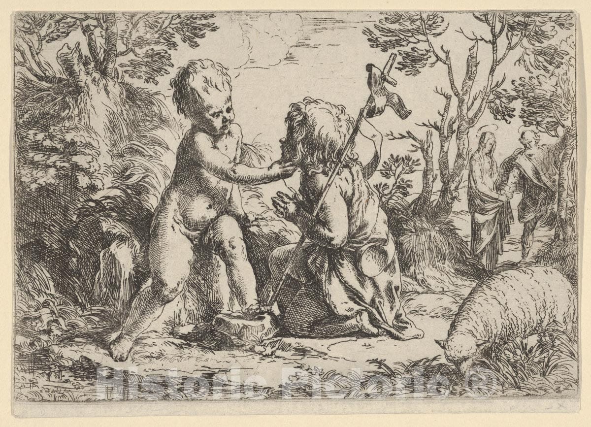 Art Print : Guido Reni - Young Saint John The Baptist Kneeling Before The Infant Christ who caresses his face, The Virgin and Joseph in The Background at Right : Vintage Wall Art
