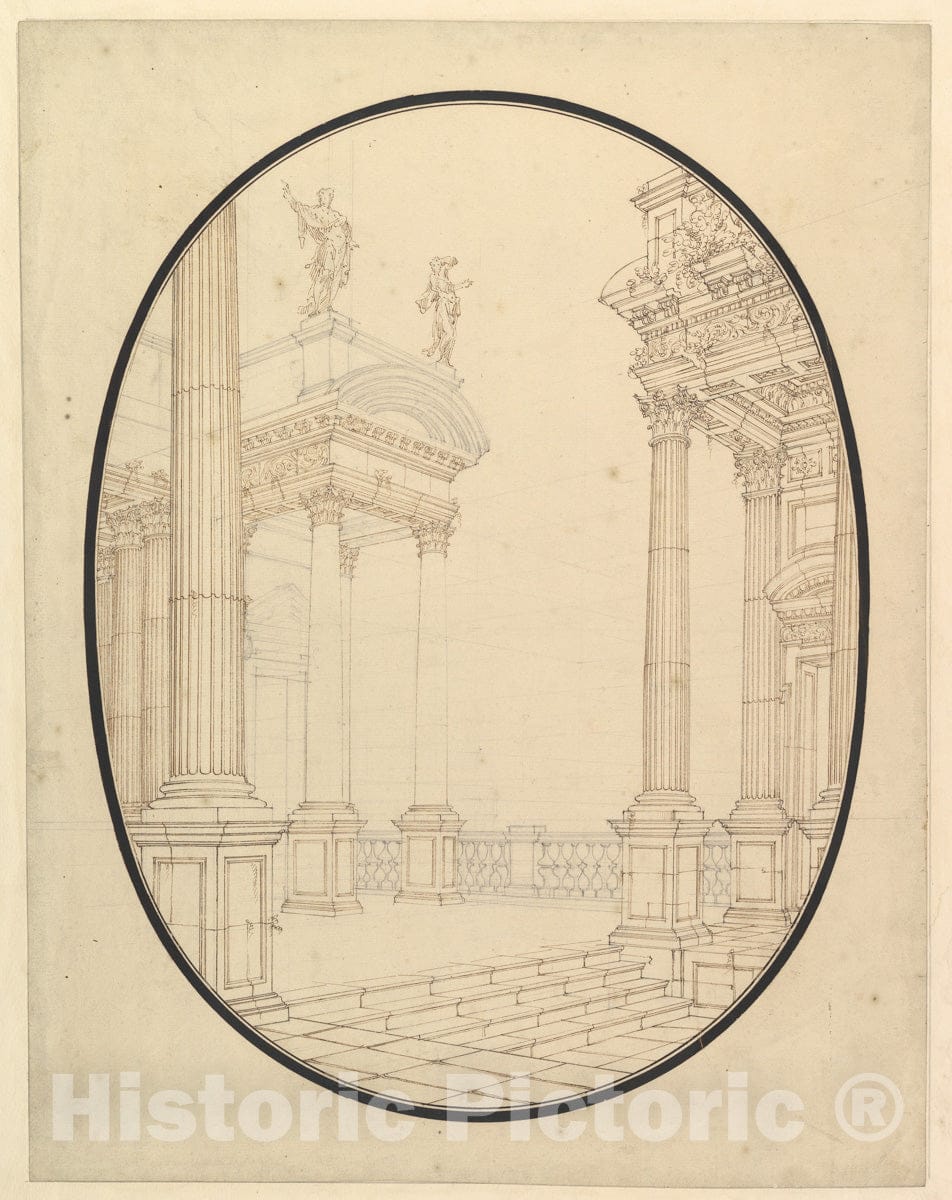 Art Print : Workshop of Ferdinando Galli Bibiena - Architectural Perspective, in an Oval: Porch of a Palace with Corinthian Colums. : Vintage Wall Art