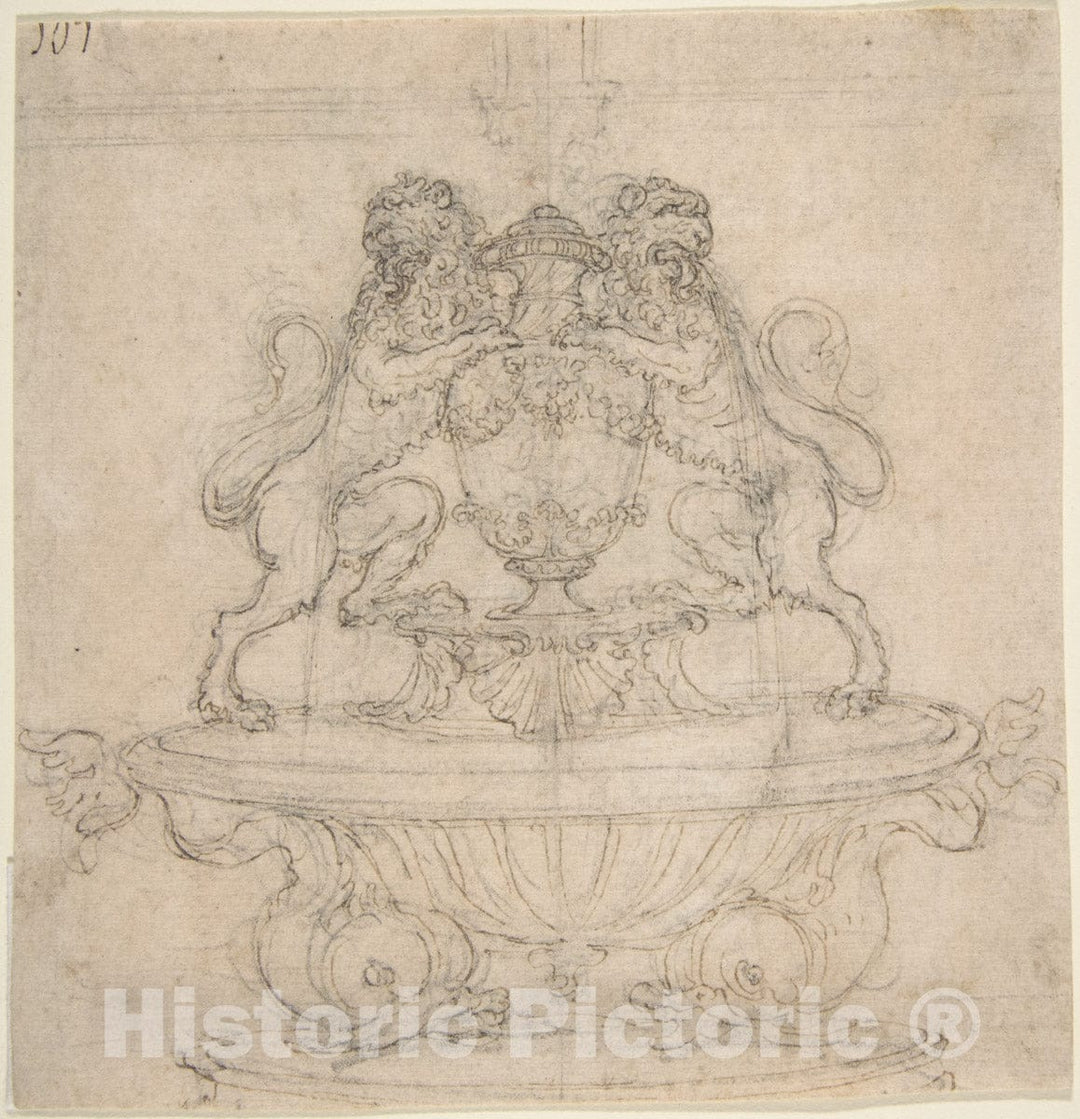 Art Print : Design for a Fountain with Two Water-Spouting Lions - Artist: Giovanni Battista Foggini - Created: 1652–1725 : Vintage Wall Art